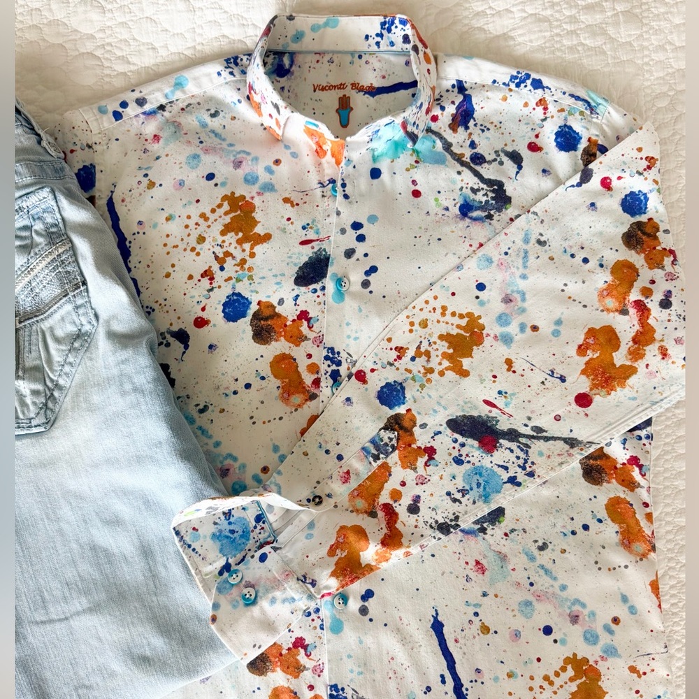 Visconti Men's Splatter Print Casual Button Down Shirt - White and Multicolor